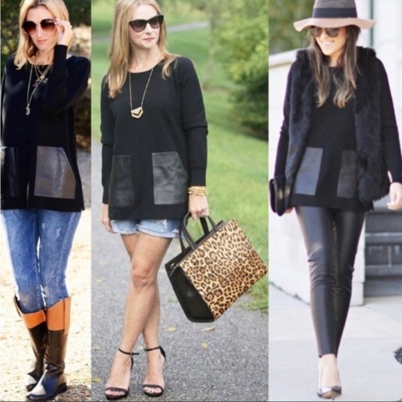 J. Crew 100% Wool Sweater with Leather Pockets Black - Picture 2 of 10